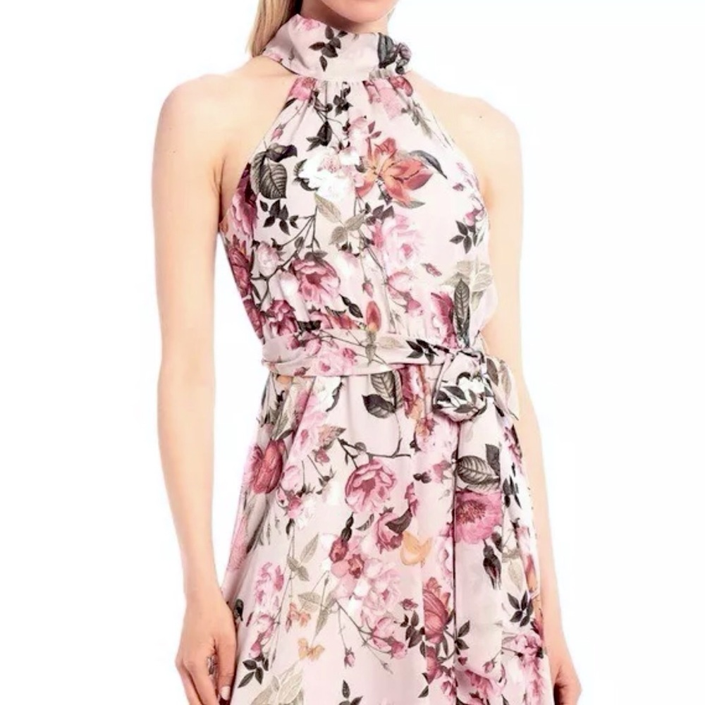 Eliza J Floral Print Maxi Dress Pink Halter Neck Bow Back Sleeveless Size 4 - Picture 6 of 10